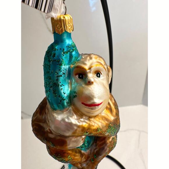 Vintage Glass Monkey on Vine Christmas Ornament Hand-Painted Glitter Accents - Picture 2 of 6